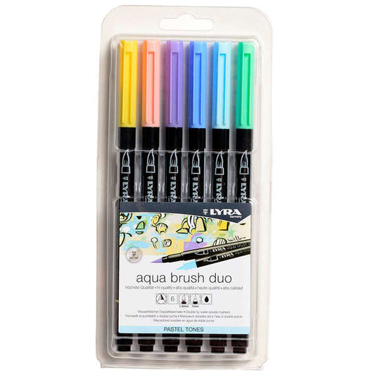 Conjunto de 6 Marcadores de Ponta Dupla Lyra Aqua Brush Duo em Tons Pastel - Ponta de Pincel de 4mm e Ponta Fina de 2mm
