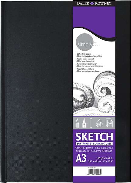 Daler Rowney Simply Cuaderno de Dibujo Cosido A3 54 Hojas 100g/m2 - Cubierta Rigida - Color Blanco - Prinkweb