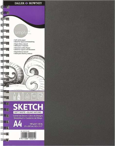 Daler Rowney Simply Cuaderno de Dibujo A4 100g/m2 - Cubierta Rigida con Encuadernacion en Espiral - Color Blanco - Prinkweb