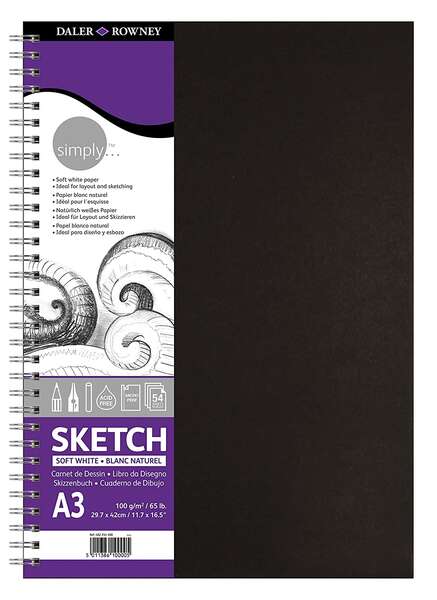 Daler Rowney Simply Cuaderno de Dibujo A3 - Cubierta Rigida con Encuadernacion en Espiral 100g/m2 - Color Blanco - Prinkweb