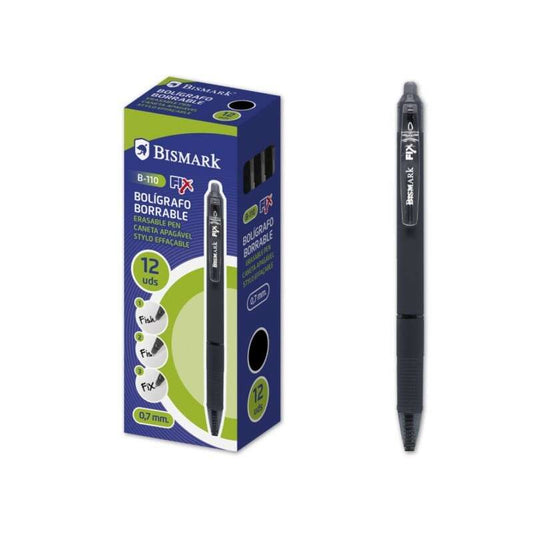 Stylo bille rétractable effaçable Bismark Fix - Pointe fine 0,7 mm - Avec clip - Noir