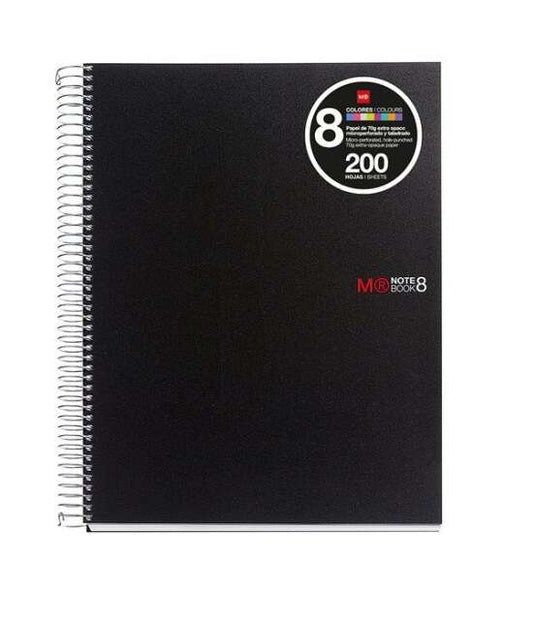 Miquel Rius Notebook8 Cuaderno de Espiral Formato A4 - 200 Hojas de 70 gr Microperforadas con 4 Taladros - Cubiertas de Polipropileno - Cuadricula 5x5 - Color Negro