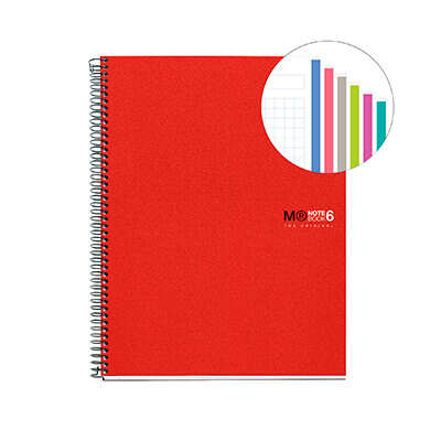 Miquel Rius Notebook6 Cuaderno de Espiral Formato A4 - 150 Hojas de 70gr Microperforadas con 2 Taladros - Cubiertas de Polipropileno - Cuadricula 5x5 - Color Rojo - Prinkweb