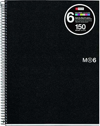 Miquel Rius Notebook6 Cuaderno de Espiral Formato A4 Horizontal 7mm - 150 Hojas de 70gr Microperforadas con 4 Taladros - Cubiertas de Polipropileno - Color Negro - Prinkweb