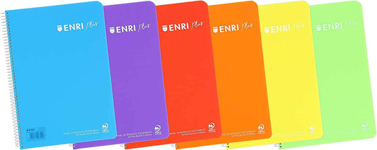 Enri Plus Cuaderno Espiral Formato Folio 1 Linea - 80 Hojas 90gr con Margen - Cubierta de Plastico - Colores Surtidos - Cantidad: 5 - Prinkweb