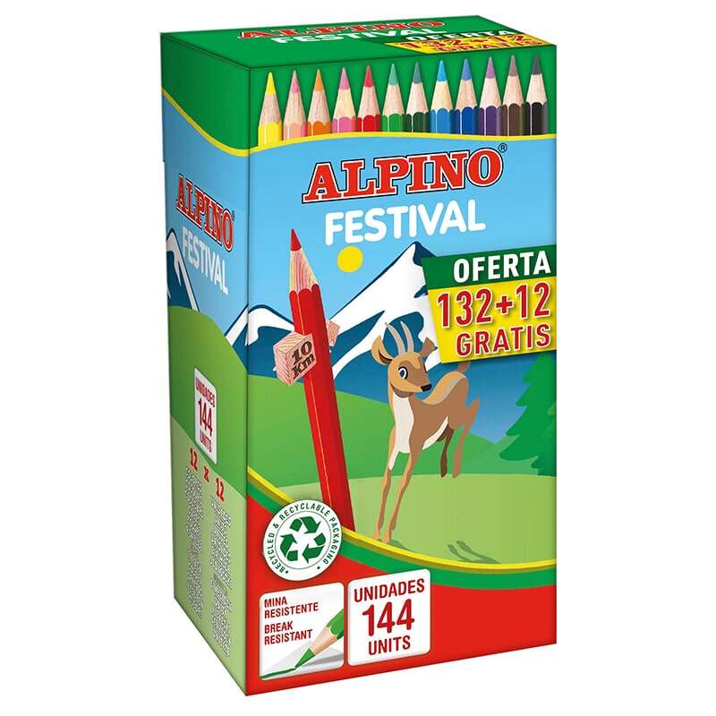 Lot économique Alpino Festival de 144 crayons hexagonaux de couleur - Mine de 3 mm - Idéal pour l'école