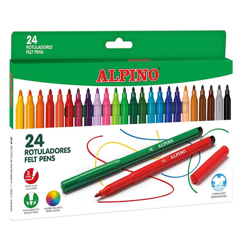 Lot de 24 feutres scolaires Alpino - Pointe fine 3 mm - Super lavables et aux couleurs vives - Développement