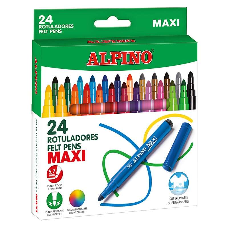 Pack de 24 marcadores Alpino Maxi Thick - Ponta de 6mm - Super laváveis, resistentes e duráveis ​​​​-