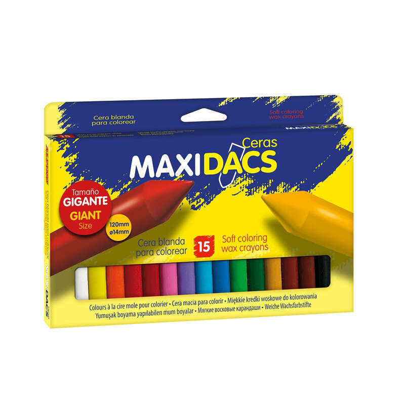 Embalagem de 15 lápis de cera macios Alpino Maxidacs para crianças - Tamanho extra grande 120 mm x 14 mm - Etiqueta An