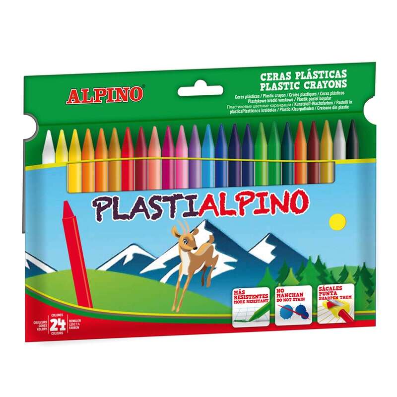 Conjunto de 24 lápis de cera Alpino PlastiAlpino para criança - Material durável e que não mancha - Cores vibrantes