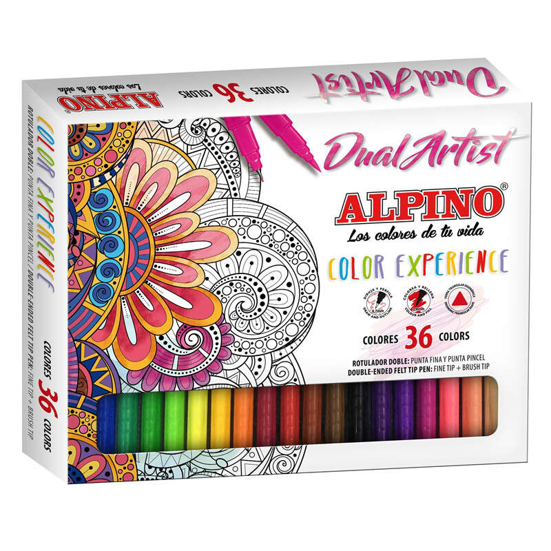 Alpino Dual Artist Color Experience, lot de 36 marqueurs à double pointe (fine 0,7 mm et pinceau)