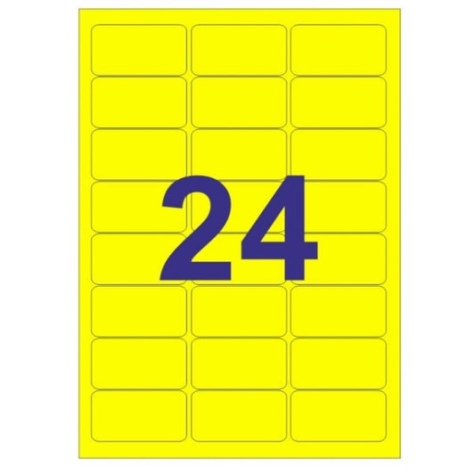 Embalagem de 480 etiquetas retangulares Apli, 64 x 33,9 mm - 20 folhas com 24 etiquetas cada - Autocolante permanente - Cantos arredondados - Amarelo fluorescente 