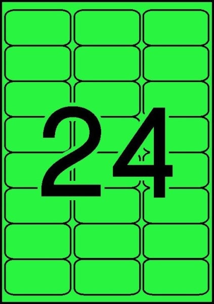 Embalagem de 480 etiquetas Apli, 64 x 33,9 mm - 20 folhas com 24 etiquetas cada - Autocolante permanente - Cantos arredondados - Verde fluorescente 