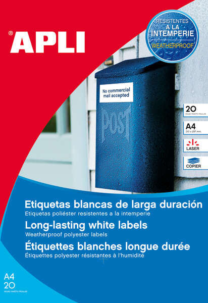 Apli Pack de 960 Etiquetas Blancas Resistentes Intemperie - Tamaño 45.7x21.2mm - 20 Hojas x 48 Etiquetas - Prinkweb