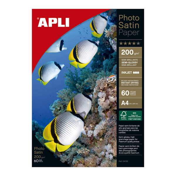 Apli Photosatin Pack de 60 Hojas de Papel Fotografico A4 200gr - Acabado Semibrillante - Apto para Impresoras Inkjet - Prinkweb