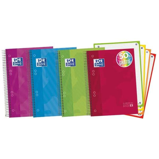 Oxford Europeanbook 4 Cuaderno Espiral Formato A5+ Cuadriculado 5x5mm - 120 Hojas 90gr - Tapa Extradura acabado Brillante - 4 Bandas de Color - Colores Surtidos - Prinkweb