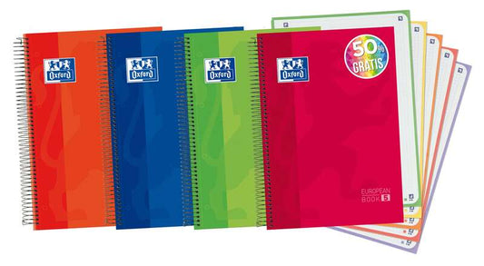 Oxford Europeanbook 5 Cuaderno Espiral Formato A4+ Cuadriculado 5x5mm - 120 Hojas - Tapa Extradura acabado Brillante - 5 Bandas de Color - Colores Surtidos - Prinkweb