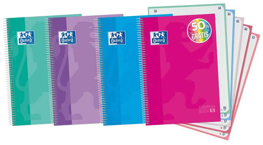 Oxford Europeanbook 5 Cuaderno Espiral Formato A4+ Cuadriculado 5x5mm - 120 Hojas - Tapa Extradura acabado Brillante - 5 Bandas de Color - Colores Surtidos Tendencia - Cantidad: 5 - Prinkweb