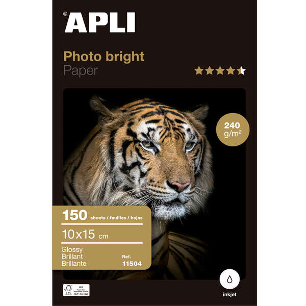 Apli Pack de 150 Hojas de Papel Fotografico Photobright 10x15cm 240g - Acabado Brillante - Apto para Uso en Impresoras Inkjet - Prinkweb