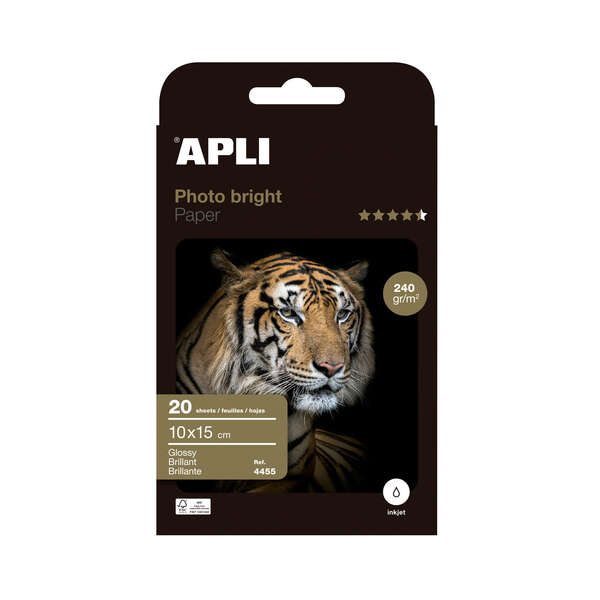 Apli Photobright Pack de 20 Hojas de Papel Fotografico 10x15cm 240g/m² - Acabado Brillante - Apto para Impresoras Inkjet - Prinkweb
