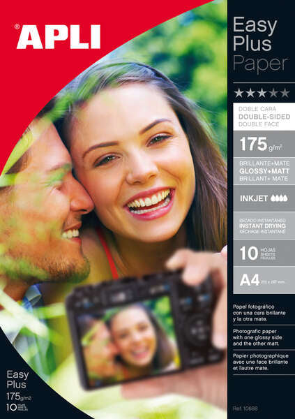 Apli Pack de 10 Hojas Papel Fotografico Photobright Doble Cara A4 175g - Brillante en una Cara y Mate en la otra - Indicado para Impresoras Fotograficas - Prinkweb