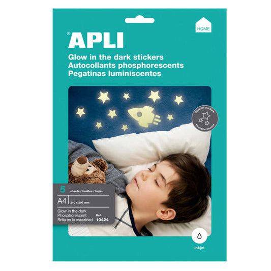 Apli Pack de 5 Etiquetas Brillo en la Oscuridad 210x297mm A4 - 5 Hojas por 1 Etiqueta - Permite Recortarlos y Realizar Diferentes Diseños - Aptas para Inkjet - Prinkweb