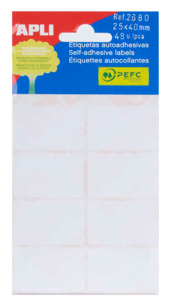 Embalagem de 48 etiquetas retangulares Apli, 25x40mm - 6 folhas com 8 etiquetas cada - Autocolante permanente - Cantos arredondados - Ideal para escrita à mão - Brancas 