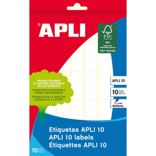 Apli Pack de 350 Etiquetas Rectangulares 12x30mm - 10 Hojas por 35 Etiquetas - Adhesivo Permanente - Cantos Romos - Color Blanco