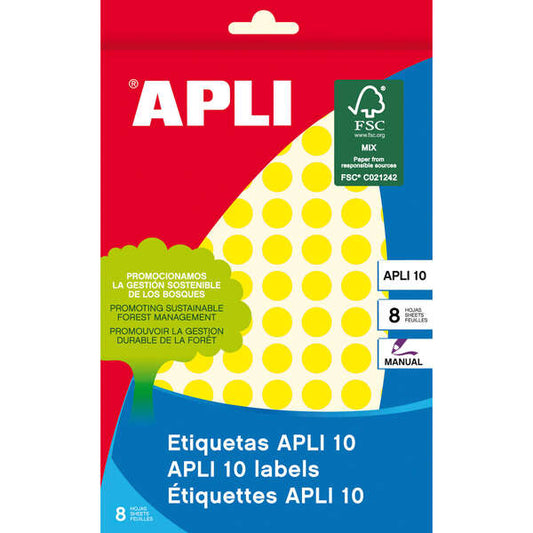 Apli Lot de 1 008 étiquettes rondes Ø 10 mm - 8 feuilles de 126 étiquettes - Adhésif permanent - Convient à l'écriture manuscrite - Jaune 