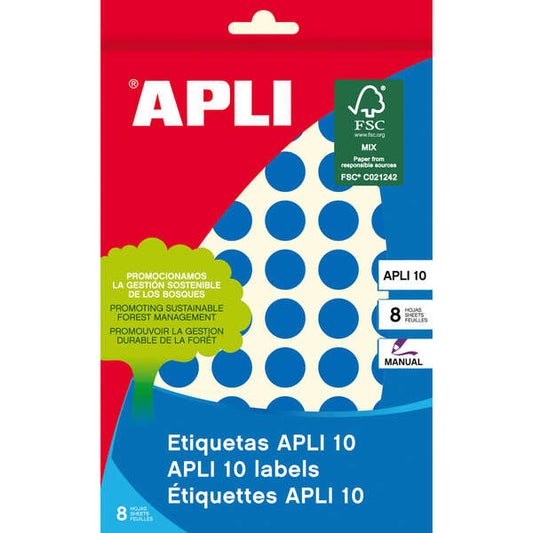 Embalagem de 616 etiquetas redondas Apli Ø13mm - 8 folhas com 77 etiquetas cada - Autocolante permanente - Ideal para escrita à mão - Azul 