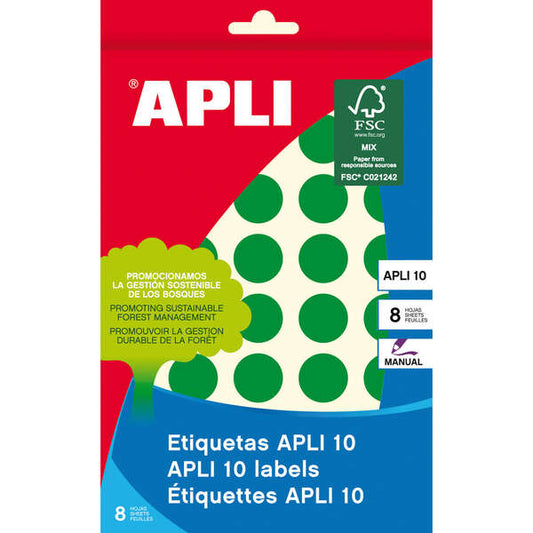 Etiquetas Apli, 10 unidades, verdes, Ø 19 mm, 8 folhas. 