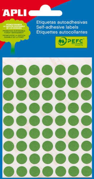 Sachet Apli de 315 étiquettes rondes Ø 10 mm - 5 feuilles de 63 étiquettes - Adhésif permanent - Vertes 