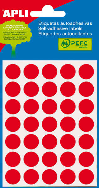 Sachet Apli de 175 étiquettes rondes Ø 13 mm - 5 feuilles de 35 étiquettes - Adhésif permanent - Rouge 