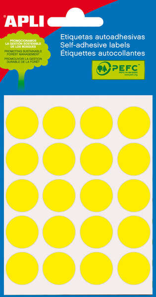 Apli Mini Pack com 100 Etiquetas Redondas Ø 19mm - 5 Folhas com 20 Etiquetas - Autocolante Permanente - Adequado para Escrita com Lápis, Caneta e Marcador - Amarelo 