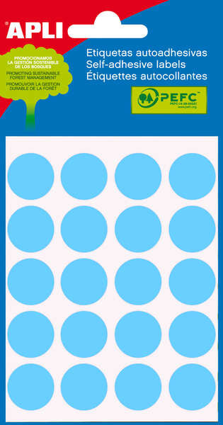 Apli Mini Pack com 100 Etiquetas Redondas Ø 19mm - 5 Folhas com 20 Etiquetas - Autocolante Permanente - Adequado para Escrita com Lápis, Caneta e Marcador - Azul 