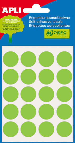 Mini Apli Pack com 100 Etiquetas Redondas Ø 19mm - 5 Folhas com 20 Etiquetas - Autocolante Permanente - Adequado para Escrita com Lápis, Caneta e Marcador - Verde 
