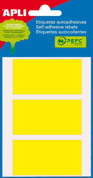 Embalagem de 15 etiquetas retangulares Apli (34x67mm) - 5 folhas com 3 etiquetas cada - Autocolante permanente - Bordas arredondadas - Amarelo 