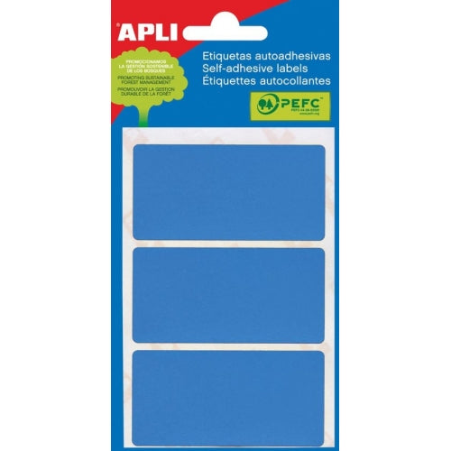 Sachet Apli Mini de 15 étiquettes rectangulaires 34 x 67 mm - 5 feuilles de 3 étiquettes - Adhésif permanent - Bords arrondis - Bleu 