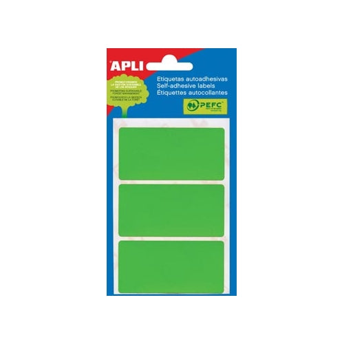 Embalagem de 15 etiquetas retangulares Apli (34x67mm) - 5 folhas com 3 etiquetas cada - Autocolante permanente - Bordas arredondadas - Verde 