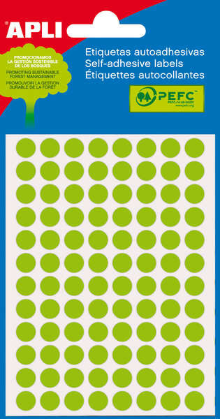 Sachet Apli Mini de 288 étiquettes rondes Ø 8 mm - 3 feuilles de 96 étiquettes - Adhésif permanent - Vert fluorescent 
