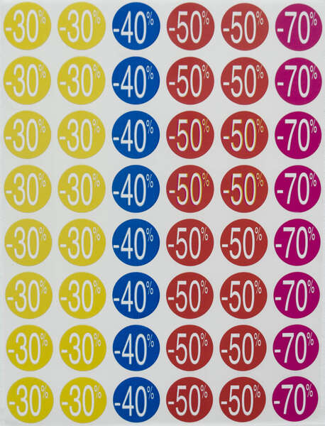 Apli Pack de 240 Etiquetas de Descuento -30%, -40%, -50%, -70% - Tamaño Ø 24mm - Forma Redonda - Colores Amarillo, Azul, Rojo y Fucsia - Prinkweb