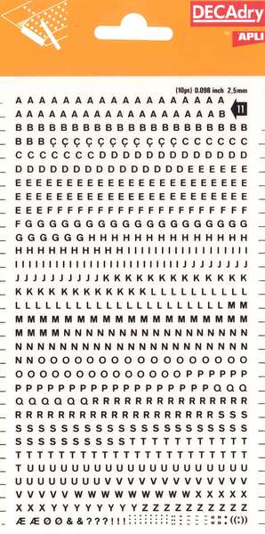 Letras maiúsculas transferíveis Apli, pretas, 2,5 mm, 730 caracteres. 