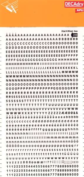 Apli Letras y Numeros Transferibles Super 3mm 997 Caracteres - Negros Brillantes