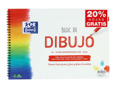 Bloc de dessin Oxford Spiral School, format A4+, uni - 20 feuilles micro-perforées, 130 g/m², couleur naturelle - Papier texturé 