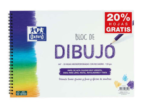 Bloc de dessin Oxford Spiral School, format A4+ avec bordure - 20 feuilles micro-perforées, 130 g/m², couleur naturelle - Papier texturé - Quantité : 5