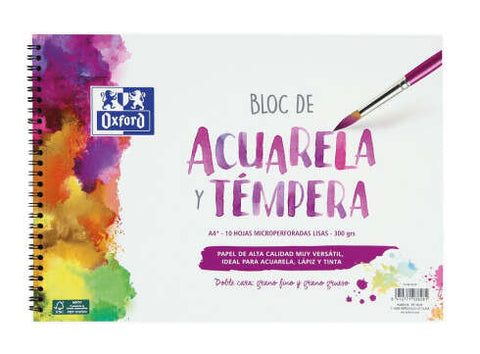 Bloc de papier aquarelle et tempera Oxford à spirale, format A4+, uni - 10 feuilles micro-perforées, 300 g/m², couleur naturelle - Papier double face : grain fin et gros grain - Quantité : 5