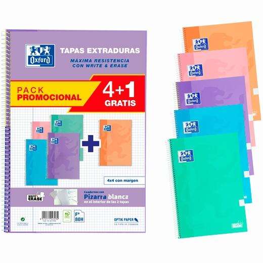 Oxford Classic Write & Erase Pack 4 unidades+1 5 Cuadernos Espiral Formato Folio Cuadriculado 4x4mm - 80 Hojas - Tapas Extraduras con Pizarra Blanca - Colores Pastel Surtidos - Prinkweb
