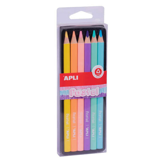 Crayons pastel jumbo Apli - 5 mm d'épaisseur - Boîte de 6 couleurs assorties - Forme triangulaire en bois pour une meilleure prise en main