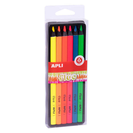 Lápis Jumbo Fluorescentes Apli - Espessura do Traço 5mm - Caixa Individual com 6 Cores Sortidas - Formato Triangular em Madeira