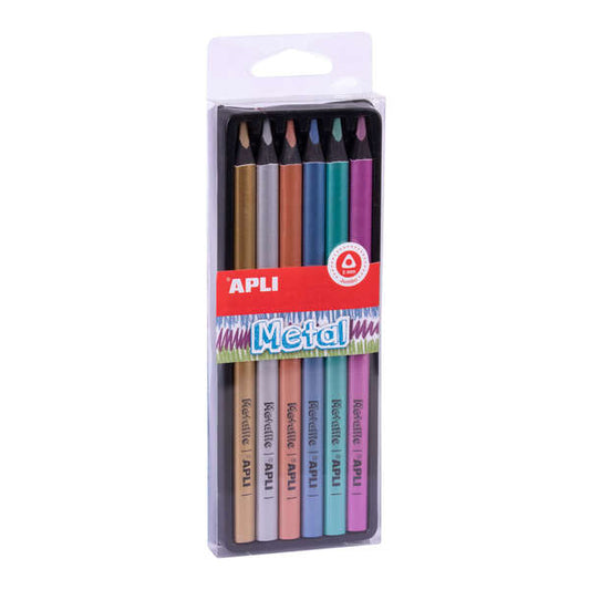 Crayons métalliques Apli Jumbo - 5 mm - Couleurs : or, argent, bronze, bleu, turquoise et violet - Mine de 5 mm - Taille M